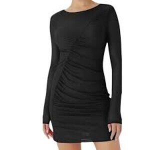 46-NWT HALARA BLACK LONG SLEEVE B ODYCON WITH A RUCHED MESH OVERLAY DRESS